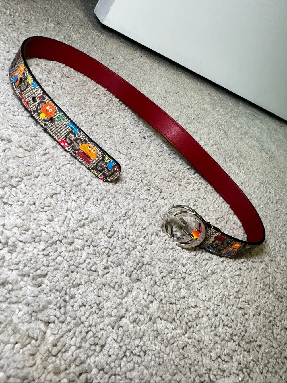 Authentic Gucci Mushroom Print Kids Belt with Silver Double G Buckle